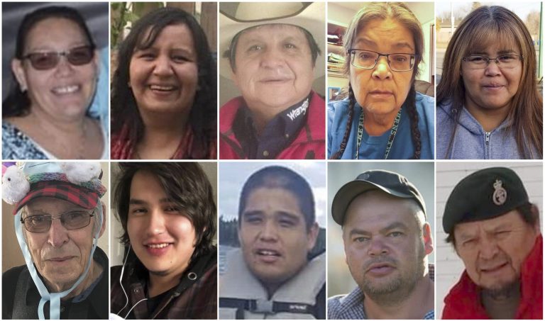 This combination of photos provided by Royal Canadian Mounted Police shows stabbing victims, from top left, Bonnie Burns, Carol Burns, Christian Head, Lydia Gloria Burns, and Lana Head. From bottom left, Wesley Petterson, Thomas Burns, Gregory Burns, Robert Sanderson, and Earl Burns. Myles Sanderson, 32, and his brother Damien are accused of killing 10 people and wounding 18 others in the attacks that spread across the rural reserve and into the nearby town of Weldon, Saskatchewan.