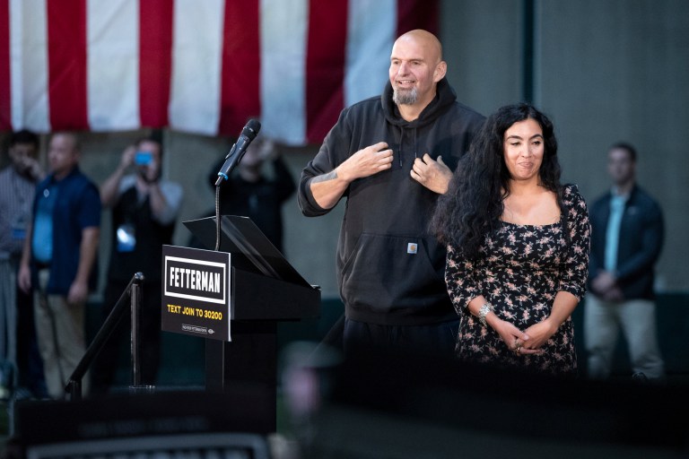 Pennsylvania Lt. Gov. and Democratic candidate for Senate John Fetterman takes the stage with his wife, Gisele.