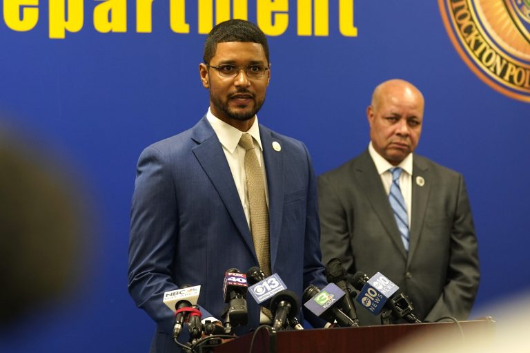 Stockton Mayor Kevin Lincoln, left, flanked by Stockton City Manager Harry Black, right, updates reporters about the investigation into a suspected serial killer during a news conference in Stockton, Calif., Tuesday, Oct. 4, 2022. 