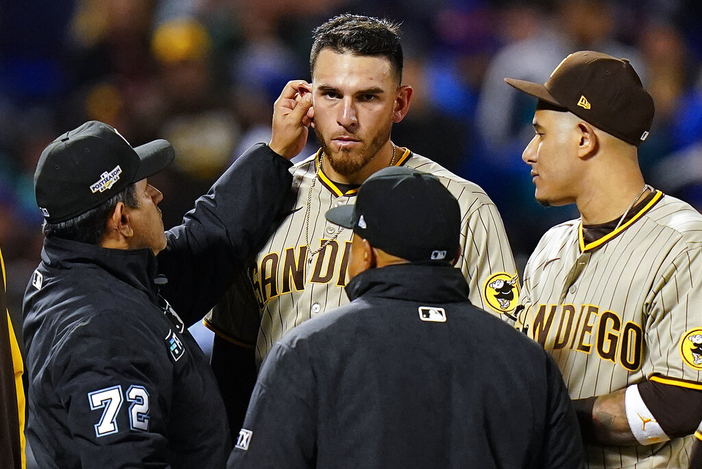 WATCH: Umpires examine Padres pitcher Joe Musgrove’s ears in substance check