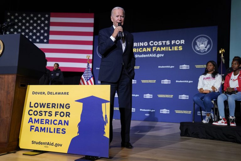 President Joe Biden speaks about student loan debt relief at Delaware State University, Friday, Oct. 21, 2022. 