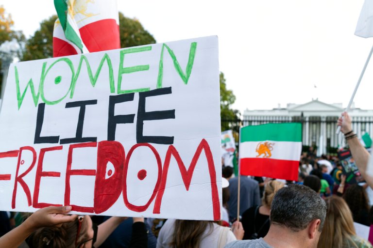 Demonstrators rally outside the White House to protest against the Iranian regime, in Washington, Saturday, Oct. 22, 2022, following the death of Mahsa Amini in the custody of the Islamic republic's notorious 