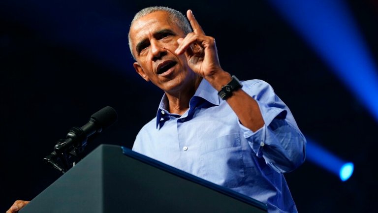 Former President Barack Obama speaks at a campaign rally for Pennsylvania's Josh Shapiro and Lt. Gov. John Fetterman on Saturday, Nov. 5, 2022, in Philadelphia.