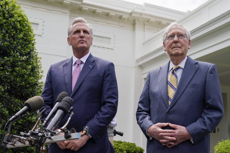 Senate Minority Leader Mitch McConnell and House Minority Leader Kevin McCarthy speak to reporters outside the White House after a meeting with President Joe Biden on May 12, 2021, in Washington.