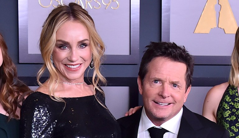 Michael J. Fox and his wife, Tracy Pollan (left), arrive at the Governors Awards on Saturday, Nov. 19, 2022, at Fairmont Century Plaza in Los Angeles. 