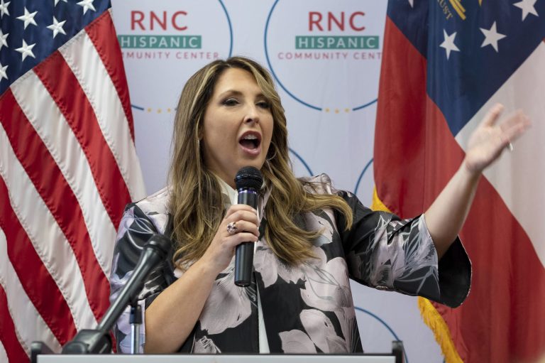 Republican National Committee Chair Ronna McDaniel speaks to a packed room at the opening of the RNC's new Hispanic Community Center in Suwanee, Georgia, on June 29, 2022. 
