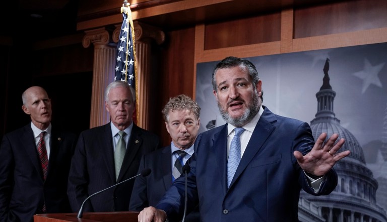 From left, Sen. Rick Scott, R-Fla., Sen. Ron Johnson, R-Wis., Sen. Rand Paul, R-Ky., and Sen. Ted Cruz, R-Texas at the Capitol in Washington, Wednesday, Nov. 30, 2022. 