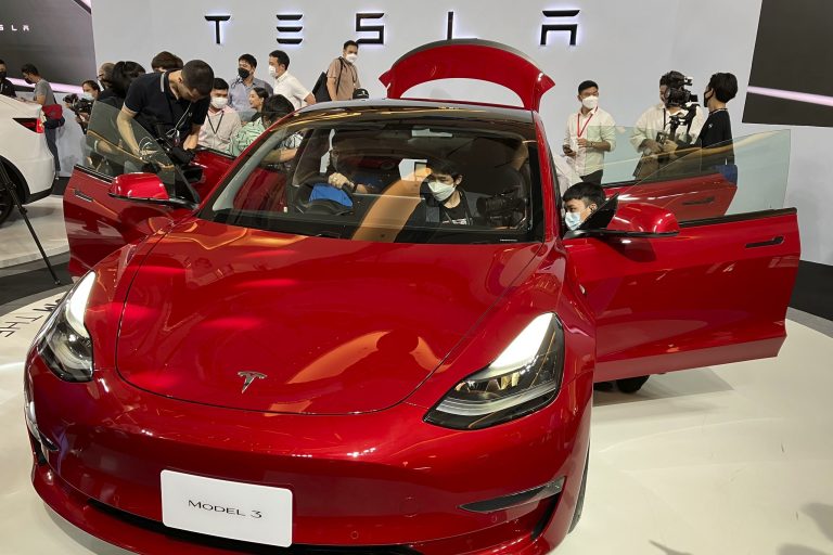 Tesla electric vehicles are displayed during a public launching event on Wednesday, Dec. 7, 2022, in Bangkok, Thailand. 