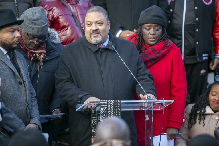 Manhattan District Attorney Alvin Bragg speaks during the unveiling of the Gate of the Exonerated along a Central Park perimeter wall in New York City on Monday, December 19, 2022.
