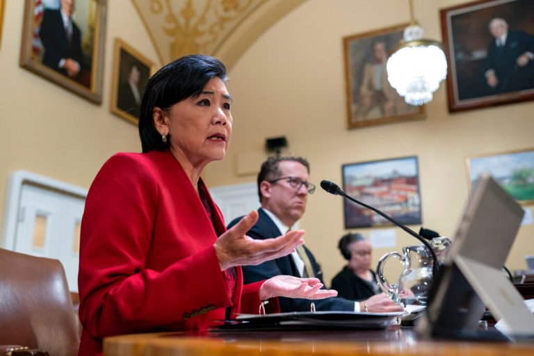 Rep. Judy Chu, D-Calif., left, and Rep. Adrian Smith, R-Neb., right, members of the House Ways and Means Committee, testify as the House Rules Committee prepares the Presidential Tax Filing and Audit Transparency Act of 2022 for a floor vote, at the Capitol in Washington, Wednesday, Dec. 21, 2022. 