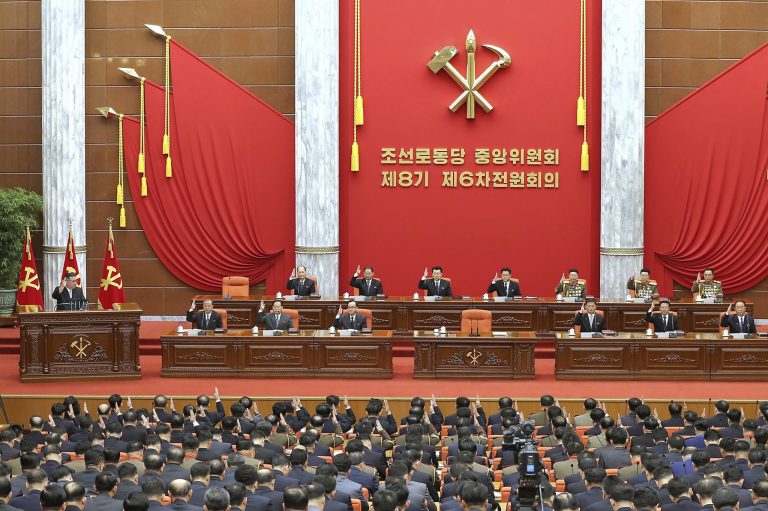 This photo provided by the North Korean government shows North Korean leader Kim Jong Un, left, attends a plenary meeting of the Workersâ Party of Korea at the party headquarters in Pyongyang, North Korea, on Dec. 26, 2022. Independent journalists were not given access to cover the event depicted in this image distributed by the North Korean government. 