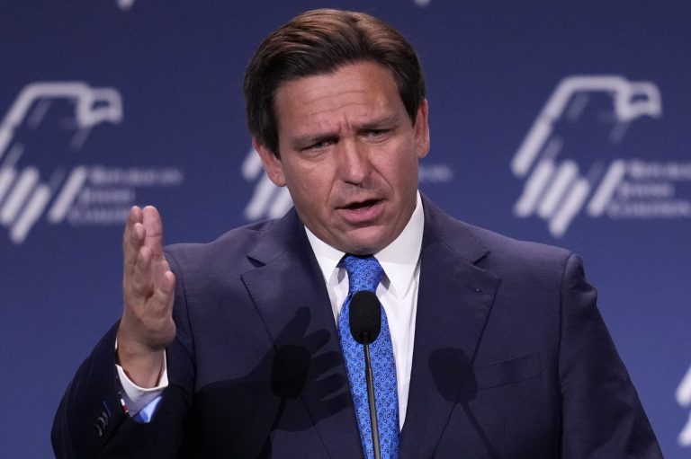 Florida Gov. Ron DeSantis speaks at the annual leadership meeting of the Republican Jewish Coalition, on Nov. 19, 2022, in Las Vegas. 