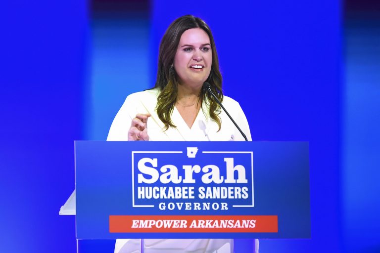 Sarah Huckabee Sanders speaks during her election night party, on Nov. 8, 2022, in Little Rock, Ark. 
