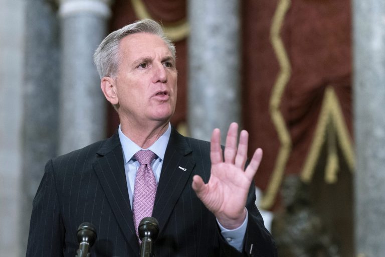 Speaker of the House Kevin McCarthy, R-Calif., speaks during a news conference in Statuary Hall at the Capitol in Washington, Thursday, Jan. 12, 2023.