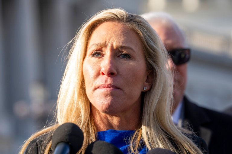 Rep. Marjorie Taylor-Greene, R-Ga., calls for impeaching Homeland Security Secretary Alejandro Mayorkas, during a news conference on Capitol Hill, Wednesday, Feb. 1, 2023, in Washington. 