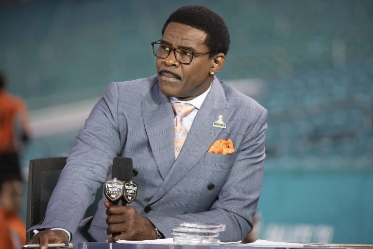 NFL Network analyst Michael Irvin speaks on air during the NFL Network's NFL GameDay Kickoff broadcast before the start of an NFL football game between the Baltimore Ravens and the Miami Dolphins, on Nov. 11, 2021, in Miami Gardens, Florida.