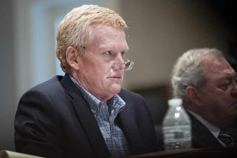 Alex Murdaugh listens to testimony about cellphones during his double murder trial at the Colleton County Courthouse on Friday, Feb. 10, 2023, in Walterboro, S.C. The 54-year-old attorney is standing trial on two counts of murder in the shootings of his wife and son at their Colleton County home and hunting lodge on June 7, 2021. 
