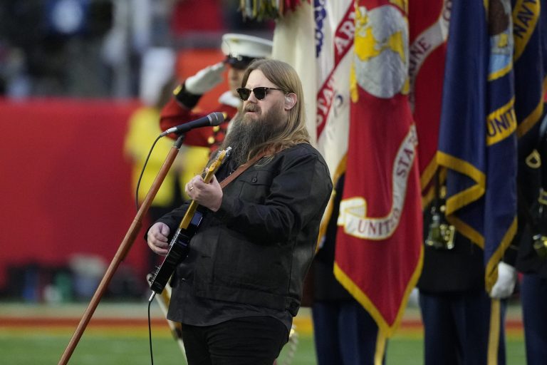 Chris Stapleton sings the national anthem before the NFL Super Bowl 57 football game between the Kansas City Chiefs and the Philadelphia Eagles, Sunday, Feb. 12, 2023, in Glendale, Arizona. 