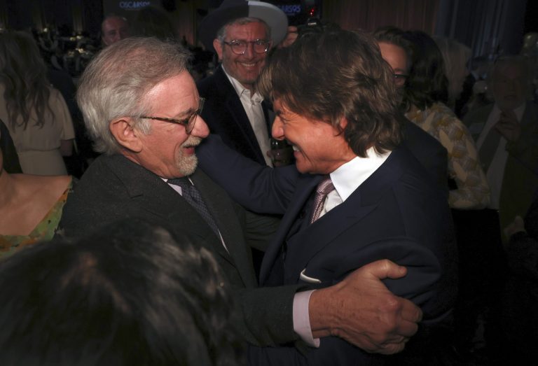 Steven Spielberg, left, and Tom Cruise attend the 95th Academy Awards Nominees Luncheon on Monday, Feb. 13, 2023, at the Beverly Hilton Hotel in Beverly Hills, California.