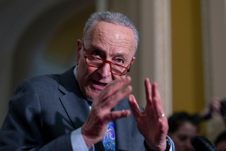 Senate Majority Leader Chuck Schumer, D-N.Y., speaks following a Democratic Caucus meeting, at the Capitol in Washington, Tuesday, Feb. 14, 2023.