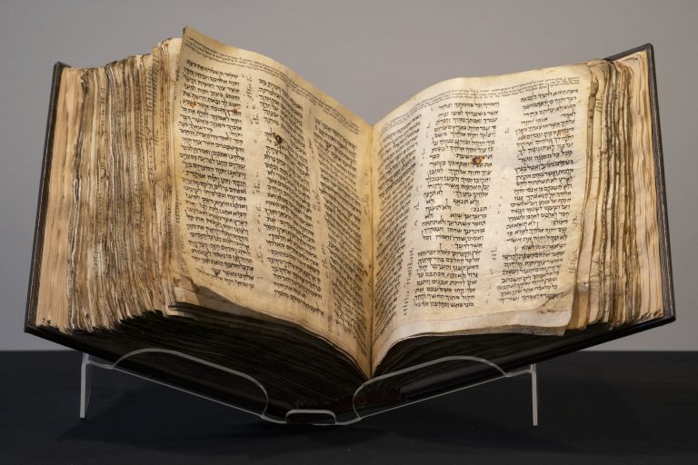 Sotheby's unveils the Codex Sassoon for auction, Wednesday, Feb. 15, 2023, in the Manhattan borough of New York. The auction house is billing the lot as the 