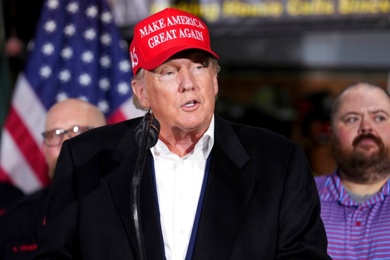 Former President Donald Trump speaks at the East Palestine Fire Department as he visits the area in the aftermath of the Norfolk Southern train derailment Feb. 3 in East Palestine, Ohio, Wednesday, Feb. 22, 2023. 