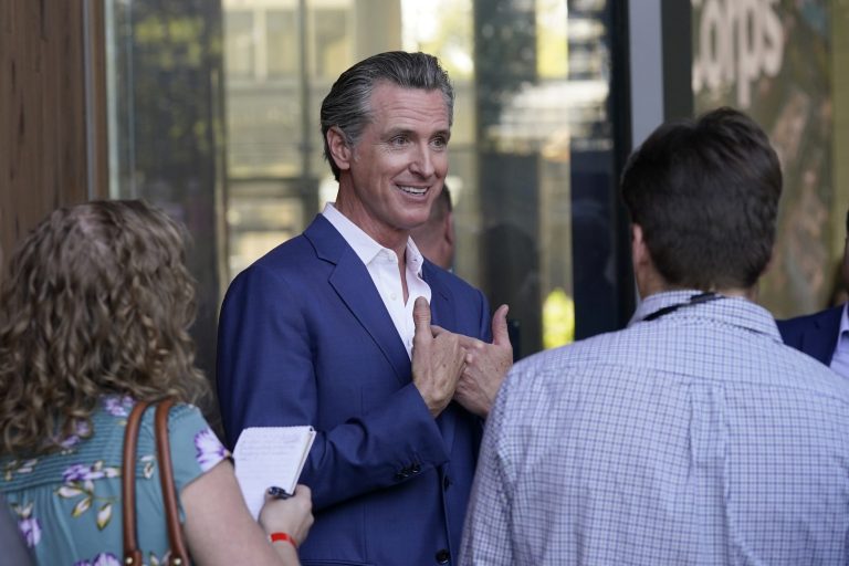 Gov. Gavin Newsom (D-CA) speaks with reporters on Friday, Oct. 7, 2022, in Sacramento.