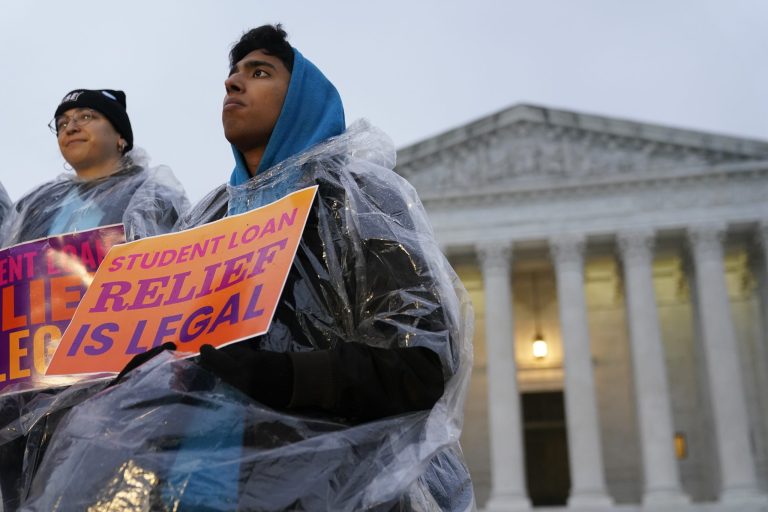 Student debt relief advocates gather outside the Supreme Court on Capitol Hill in Washington, Monday, Feb. 27, 2023, ahead of arguments over President Joe Biden's student debt relief plan. 