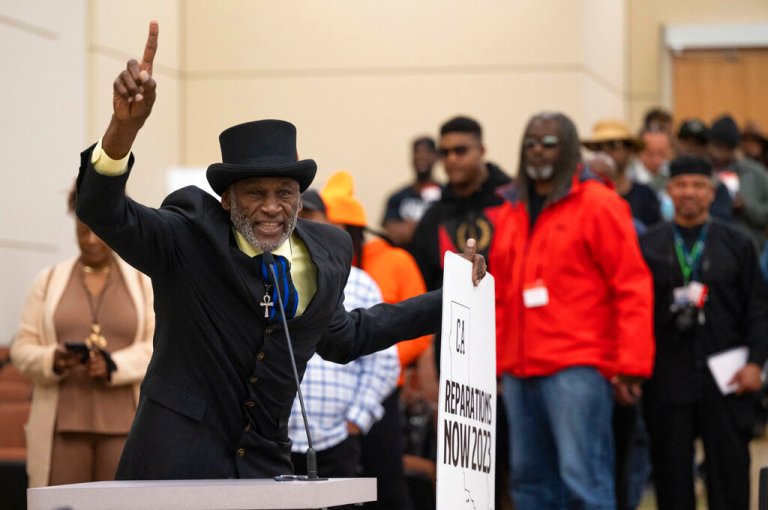 Morris Griffin, of Los Angeles, speaks during the public comment portion of the Reparations Task Force meeting in Sacramento, Calif., on Friday, March 3, 2023. 