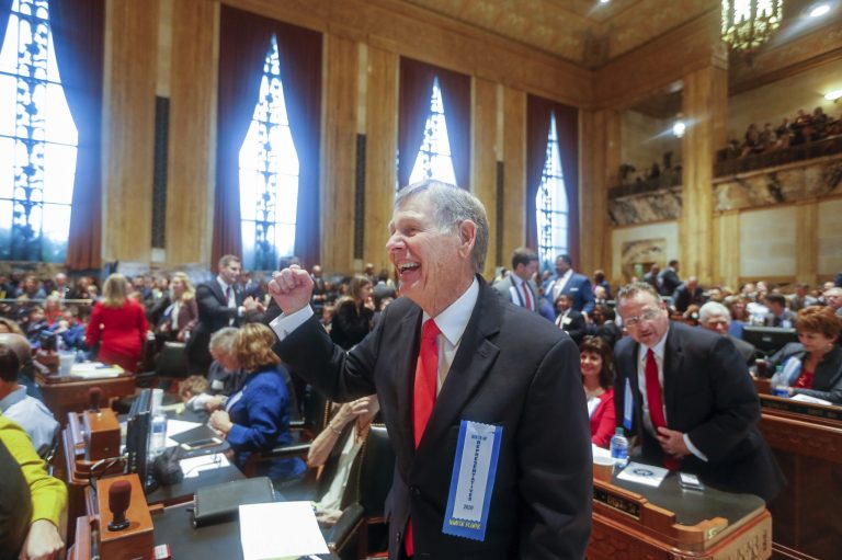 Louisiana state Rep. Francis Thompson reacts after being sworn in with other members of the Louisiana House of Representatives at the state Capitol in Baton Rouge, Louisiana, Jan. 13, 2020. 