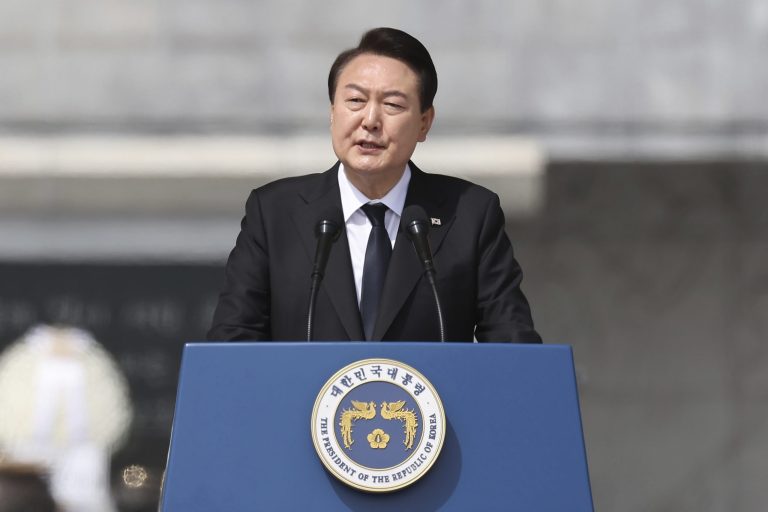 South Korean President Yoon Suk Yeol speaks during a ceremony to commemorate South Korean soldiers killed in three major clashes with North Korea in the West Sea in past years, at the national cemetery in Daejeon, South Korea, Friday, March 24, 2023.
