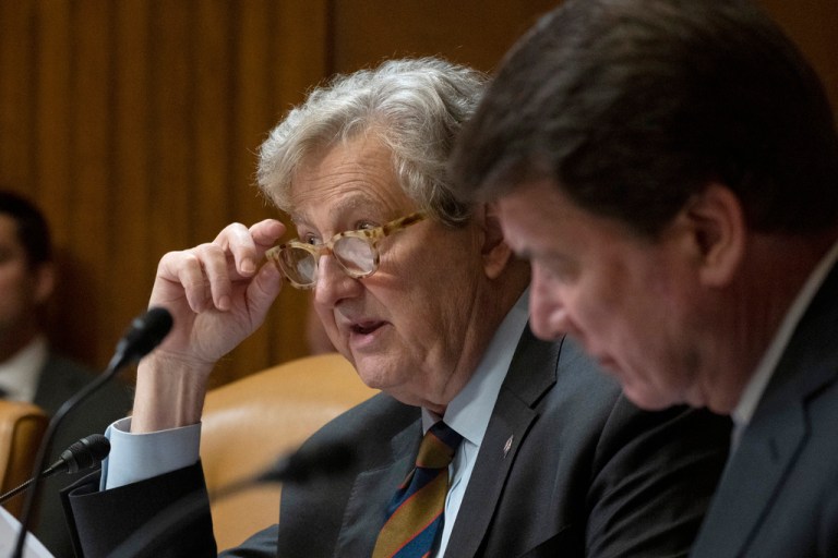 Sen. John Kennedy, R-La., with Sen. Bill Hagerty, R-Tenn., right, questions witness Attorney General Merrick Garland, during a Senate Appropriations, Subcommittee on Commerce, Justice, Science, and Related Agencies hearing to examine a proposed budget estimates and justification for fiscal year 2024 for the Department of Justice,Tuesday, March 28, 2023, on Capitol Hill in Washington. 
