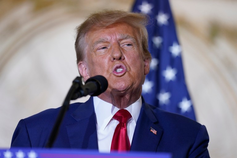 Former President Donald Trump speaks at his Mar-a-Lago estate Tuesday, April 4, 2023, in Palm Beach, Fla., after being arraigned earlier in the day in New York City. 