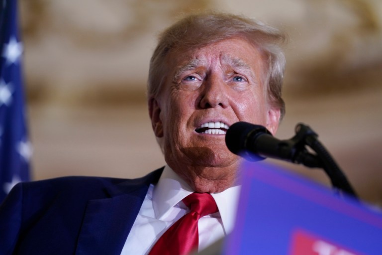 Former President Donald Trump speaks at his Mar-a-Lago estate Tuesday, April 4, 2023, in Palm Beach, Fla., after being arraigned earlier in the day in New York City.