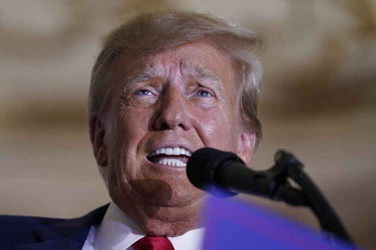 Former President Donald Trump speaks at his Mar-a-Lago estate Tuesday, April 4, 2023, in Palm Beach, Fla., after being arraigned earlier in the day in New York City. 