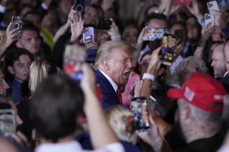 Former President Donald Trump arrives to speak at his Mar-a-Lago estate hours after being arraigned in New York City, Tuesday, April 4, 2023, in Palm Beach, Florida. 