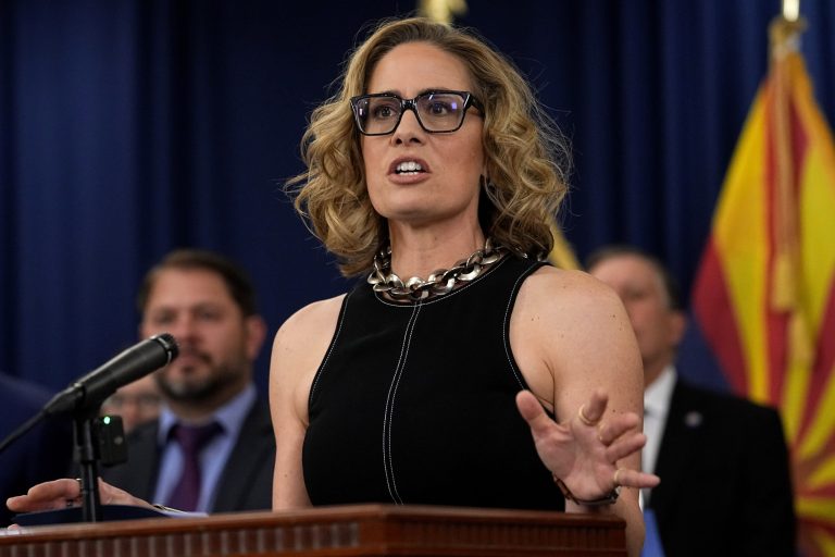 U.S. Sen. Kyrsten Sinema, I-Ariz., speaks at the Capitol, Thursday, April 6, 2023, in Phoenix. 