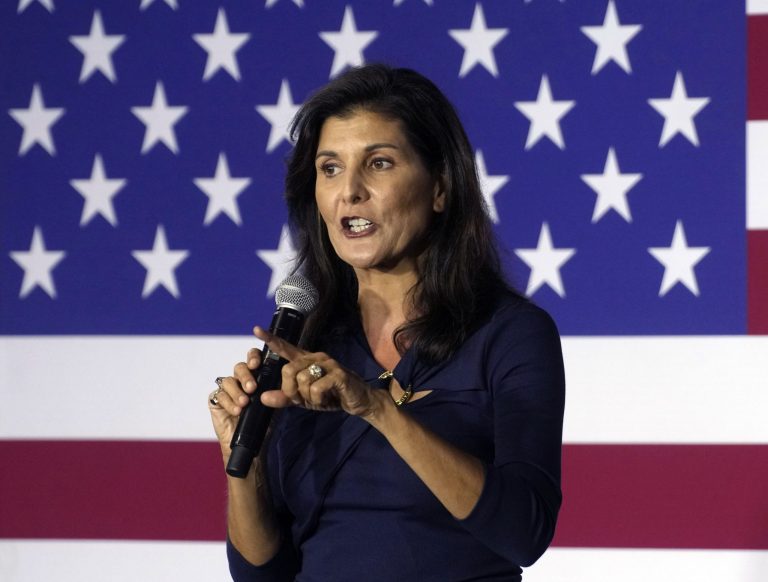 Republican presidential hopeful Nikki Haley speaks during a campaign rally.