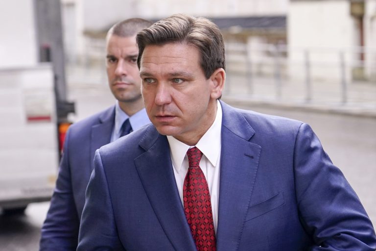 FILE - Florida Republican Gov. Ron DeSantis arrives at the Foreign Office to visit Britain's Foreign Secretary in London, Friday, April 28, 2023. (AP Photo/Alberto Pezzali, File)