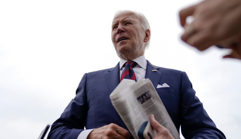 President Joe Biden speaks to members of the media before boarding Air Force One at Andrews Air Force Base, Md., Saturday, May 13, 2023, en route to Dover Air Force Base in Dover, Del. Biden is spending the weekend at his home in Rehoboth Beach, Del. 