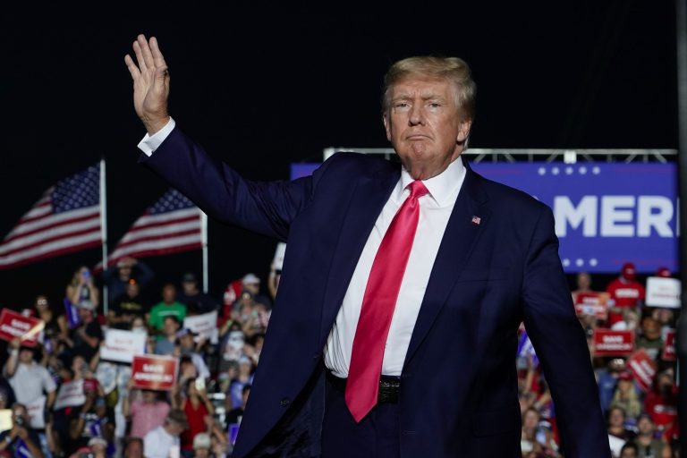 Former President Donald Trump arrives at a rally, Aug. 5, 2022, in Waukesha, Wisconsin. Republicans seek to make a comeback in Wisconsin in 2024.