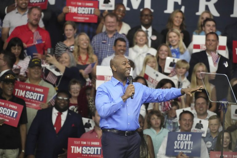 Sen. Tim Scott (R-SC) gives remarks at his presidential campaign announcement event at his alma mater, Charleston Southern University, on Monday, May 22, 2023, in North Charleston, South Carolina.