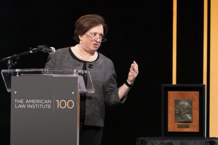 Supreme Court Justice Elena Kagan presents the Henry J. Friendly Medal to Chief Justice John Roberts as she speaks during the American Law Institute's annual dinnerâ in Washington, Tuesday, May 23, 2023.