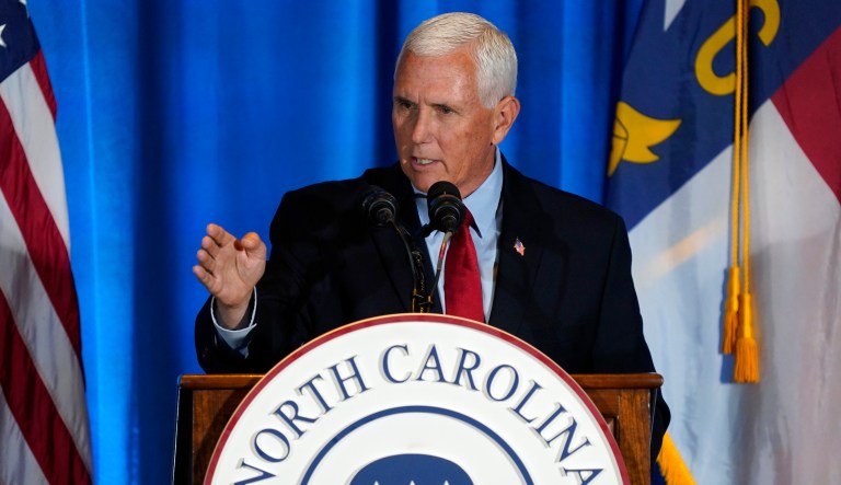 Republican presidential candidate former Vice President Mike Pence speaks during the North Carolina Republican Party Convention in Greensboro, N.C., Saturday, June 10, 2023.