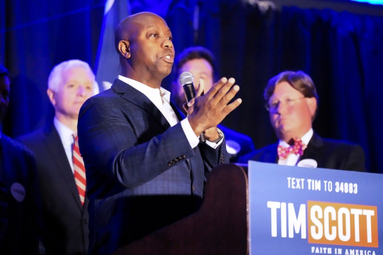 Sen. Tim Scott, R-S.C., speaks at a news conference announcing that more than 140 current and former elected officials from South Carolina have endorsed his presidential bid on June 12, 2023, in Spartanburg, S.C. Scott is among the GOP presidential hopefuls aiming to carry on campaigning amid the developing federal indictment against former President Donald Trump, who is currently leading the Republican field.