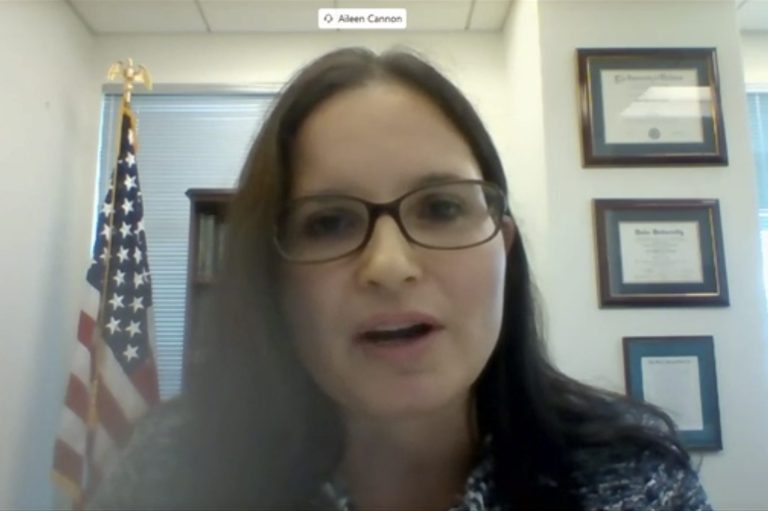 In this image from video provided by the Senate Judiciary Committee, Aileen Cannon testifies virtually during her nomination hearing to the Senate Judiciary Committee in Washington, on July 29, 2020. 