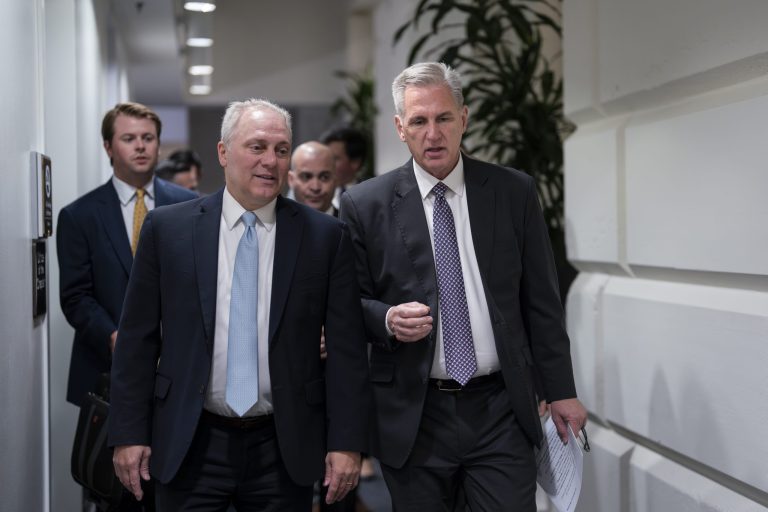 House Majority Leader Steve Scalise, R-La., left, and Speaker of the House Kevin McCarthy, R-Calif., walk together to a closed-door meeting with fellow Republicans after quelling a rebellion from hardline conservatives who brought the chamber to a standstill last week, at the Capitol in Washington, Tuesday, June 13, 2023. Last week, a dozen Republicans, mainly members of the House Freedom Caucus, shuttered House business in protest of McCarthy's leadership. 