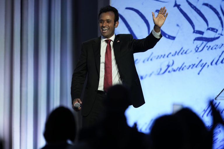 Republican presidential candidate and businessman Vivek Ramaswamy arrives at the Moms for Liberty meeting in Philadelphia, Saturday, July 1, 2023.
