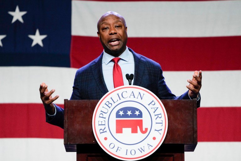 Republican presidential candidate Sen. Tim Scott, R-S.C., speaks at the Republican Party of Iowa's 2023 Lincoln Dinner in Des Moines, Iowa, Friday, July 28, 2023.