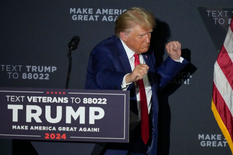 Republican president candidate former President Donald Trump dances at the conclusion of his remarks at a campaign rally, Tuesday Aug. 8, 2023, at Windham High School in Windham, N.H.